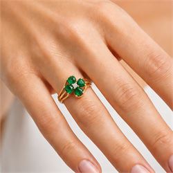 9ct gold green and white paste stone, four leaf clover cluster ring, hallmarked