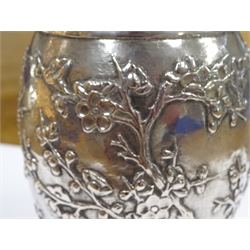  Early 20th century Chinese export silver beaker, embossed prunus decoration by Luen Wo, Shanghai, cartouche inscribed 'Billard Handicap 1st prize H E Olsen... 1916' 10cm, approx 6oz  