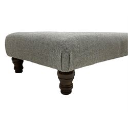 Interiors at Nine to Eleven - traditional rectangular footstool, the padded seat upholstered in neutral grey 'Harris Tweed' fabric, raised on turned feet