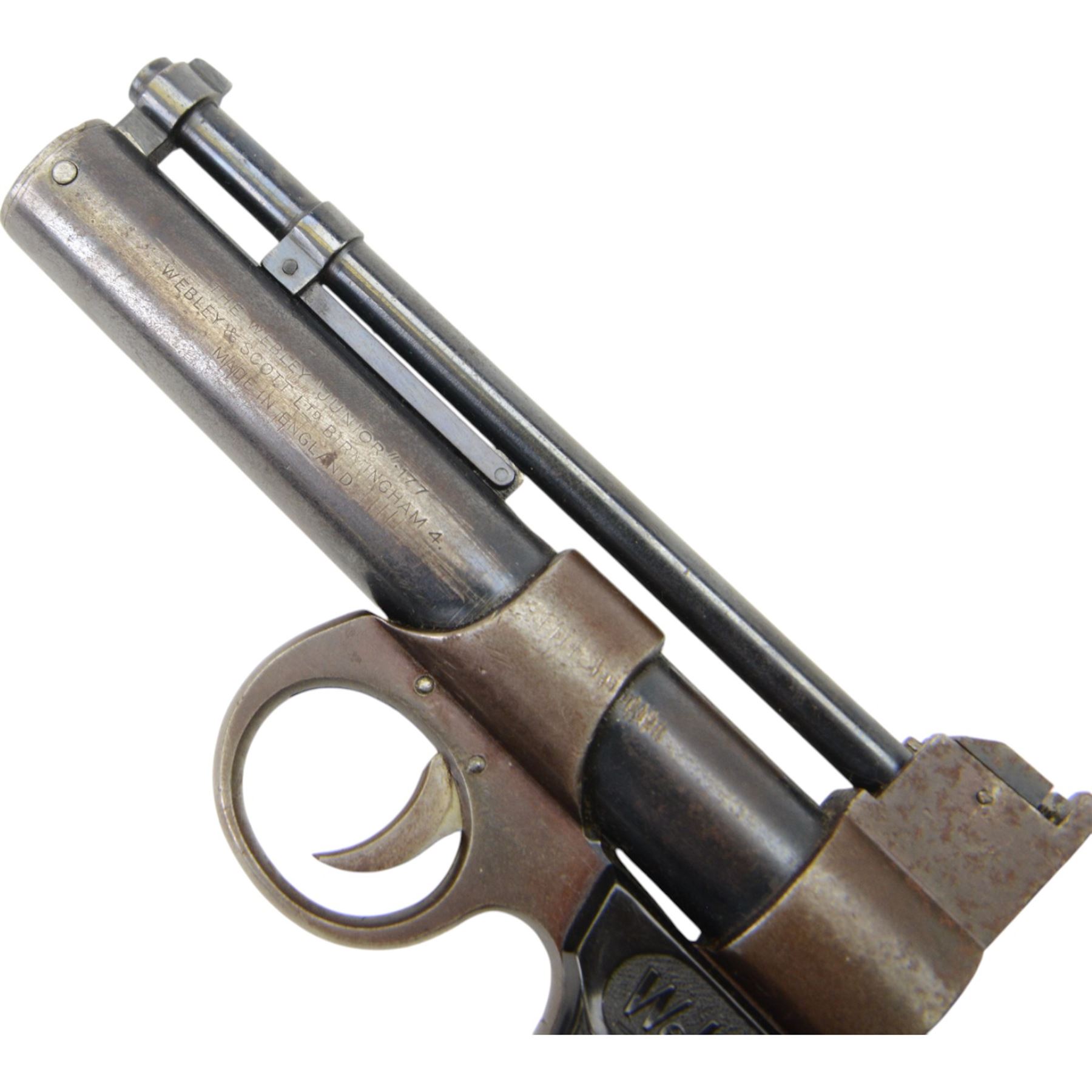 Webley Junior .177 air pistol, batch 385, the air chamber marked 'The Webley 