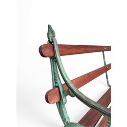Coalbrookdale - Lily Pad design cast iron an wood slatted garden bench, late 19th century Aesthetic Movement, no. 217569, distressed green paint, iron centre support and seat stretcher, hardwood slatted