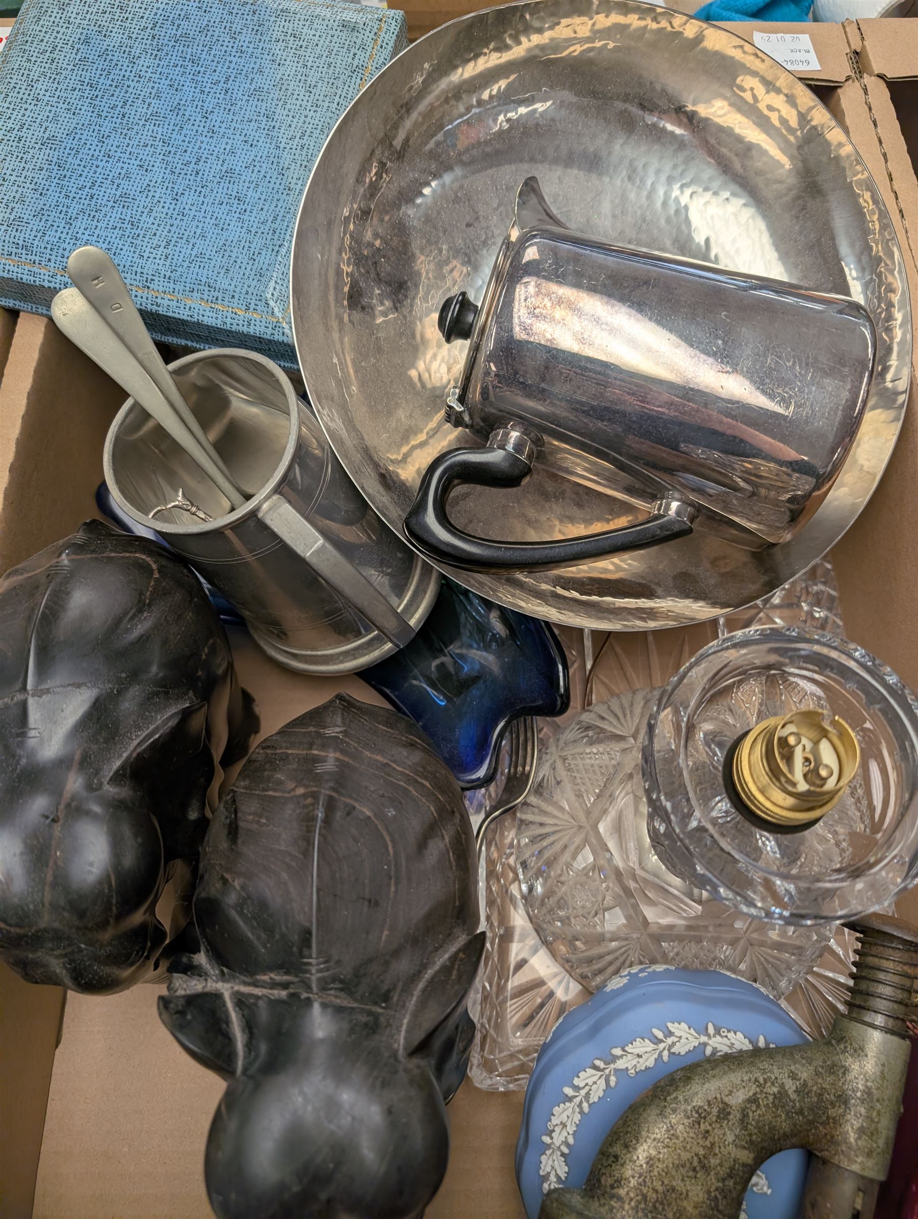 Collection of silver plate including twin-handled tray, cut glass, ceramics and other collectibles, in five boxes