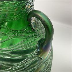 20th century Loetz style twin handled vase, of shouldered bulbous form with fluted rim and applied lattice work upon an iridescent green ground, with maker's mark beneath, H18.5cm