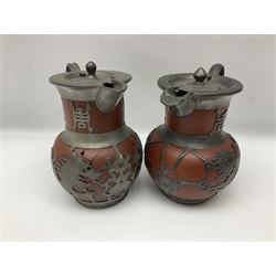 20th century Chinese pewter mounted Yixing tea wares, to include teapots, hot water pots and sugar bowls (10)