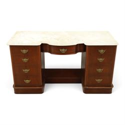 Victorian mahogany pedestal dressing table, shaped white marble top over central frieze dr...