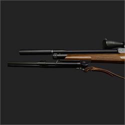 Logun MK2 22 Cal. air rifle, serial no 25885, with ASG fitted sight, bi-pod stand and fitted moderator  