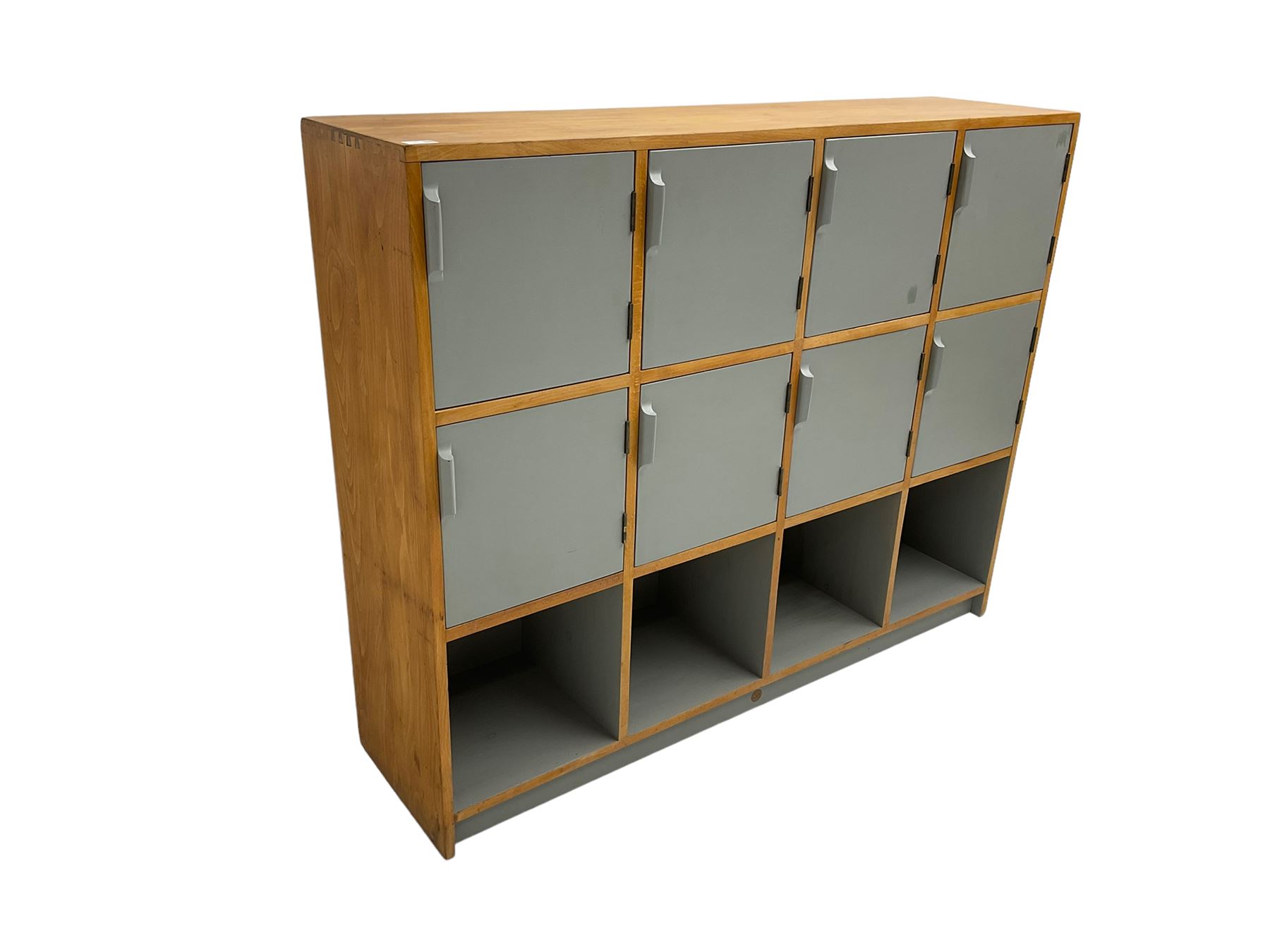 Esavian - mid-20th century school gym locker, fitted with eight cupboards and four open compartments