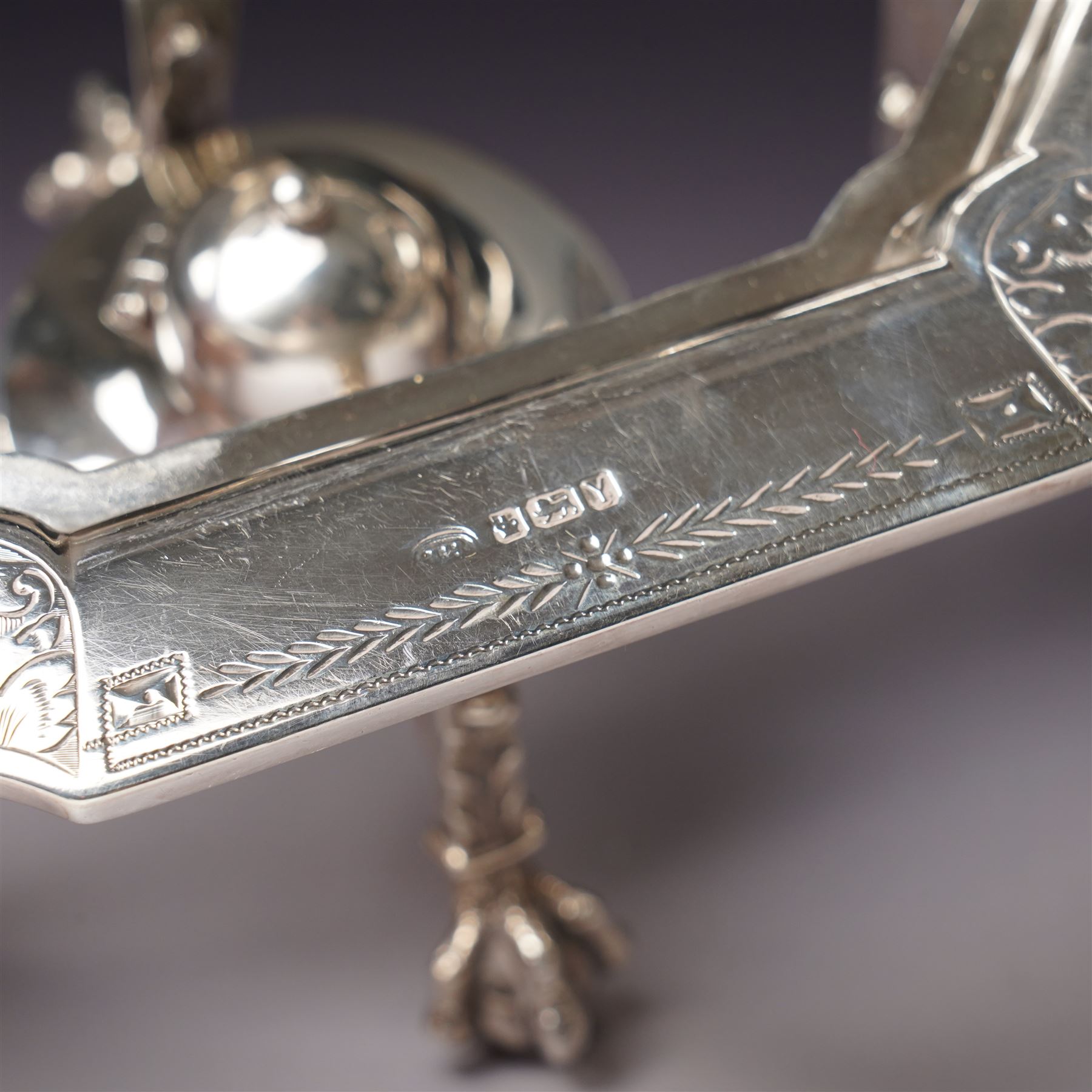 Victorian silver tea and coffee set engraved with classical urns, oval paterae and scrolling foliage, monogram and 'Diligentia et Honore' comprising teapot, tea kettle on spirit heater stand, coffee pot, two handled sugar bowl and cream jug Sheffield 1891 Maker John Round & Son Ltd