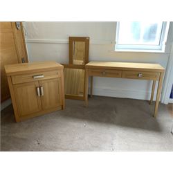 Light oak side cabinet, side table and two mirrors- LOT SUBJECT TO VAT ON THE HAMMER PRICE - To be collected by appointment from The Ambassador Hotel, 36-38 Esplanade, Scarborough YO11 2AY. ALL GOODS MUST BE REMOVED BY WEDNESDAY 15TH JUNE.