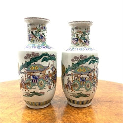  Matched pair of Chinese vases painted in polychrome enamels with figures and animals in a landscape, six figure character mark, H42cm & H43cm  