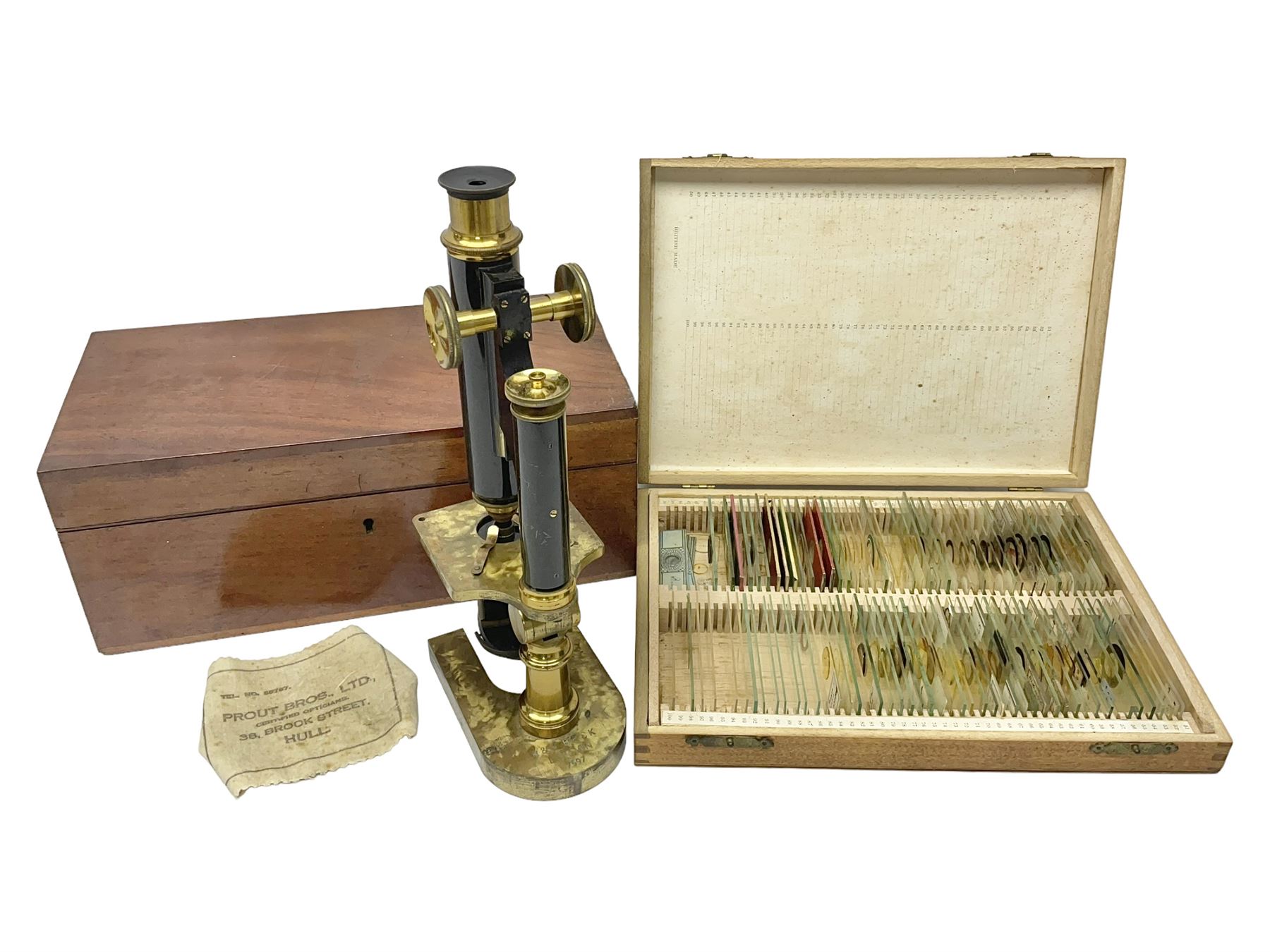 R & J Beck London microscope, model 7597, contained in fitted case, together with a boxed collection of glass microscope biological sample slides
