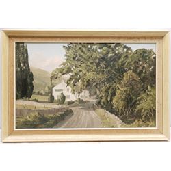 Claude Horsfall (British 1907-2003): 'The George Inn Hubberholme', oil on board signed and dated '83, titled and extensively inscribed with artist's Keighley address verso 36cm x 60cm