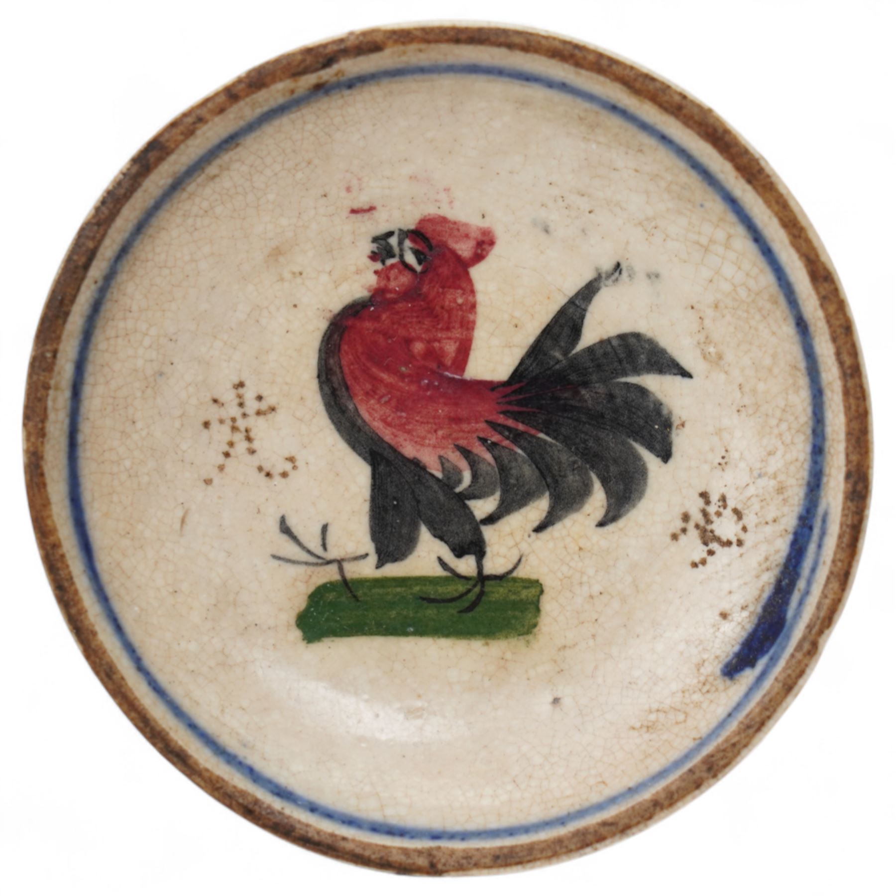 Chinese Early Ming Dynasty blue and white glazed bowl decorated with spotted pattern and central flower, c.1368AD-1644AD, D11cm; together with a small saucer with internal painted cockerel, D7cm (2)