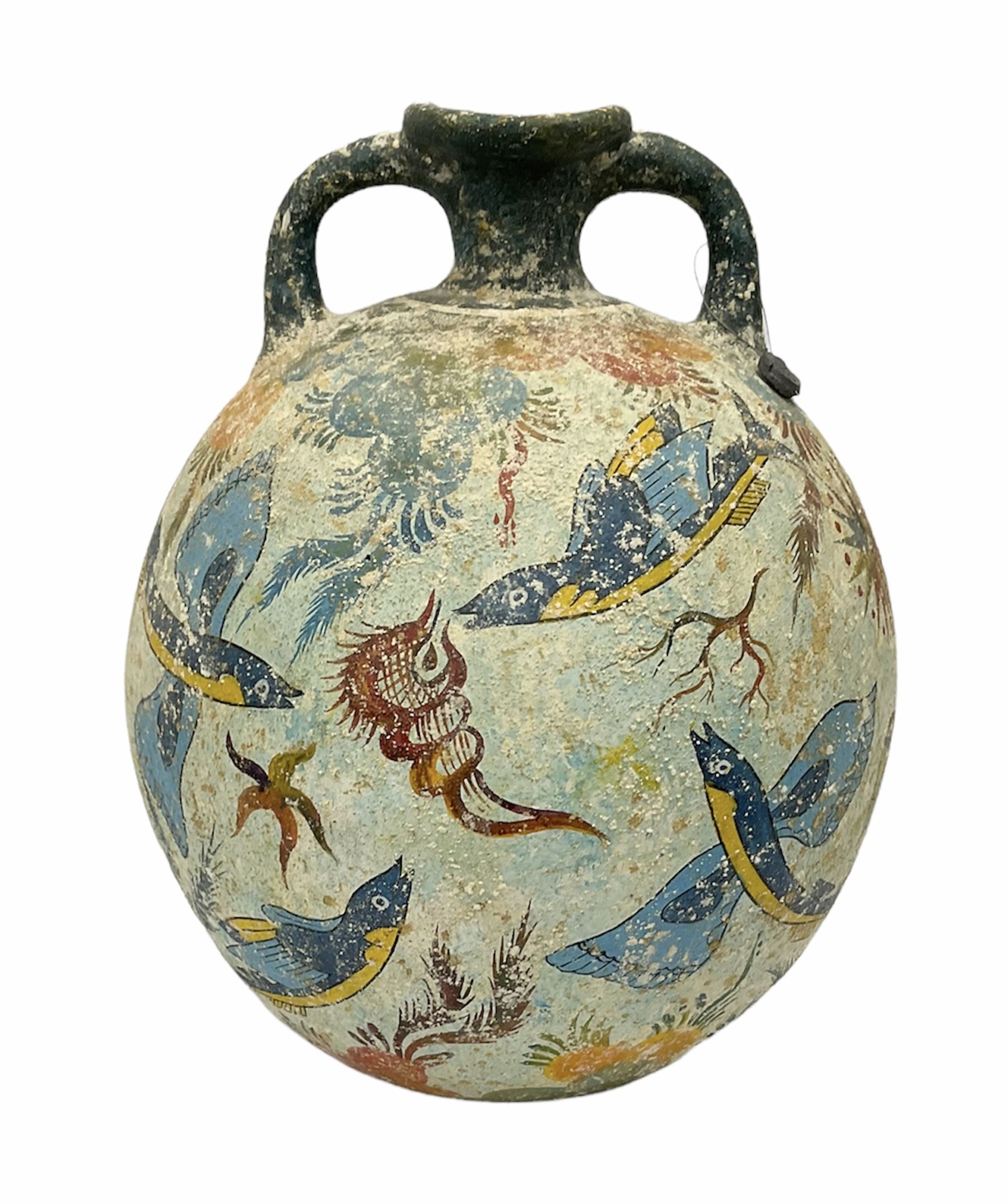 Reproduction Ancient Greek twin handled vase of ovoid form, in the style of Crete Minoan period 1500 B.C, adorned with colourful sea scene of coral and blue fish upon light blue ground, stamped 'From Krete' beneath, H27cm
