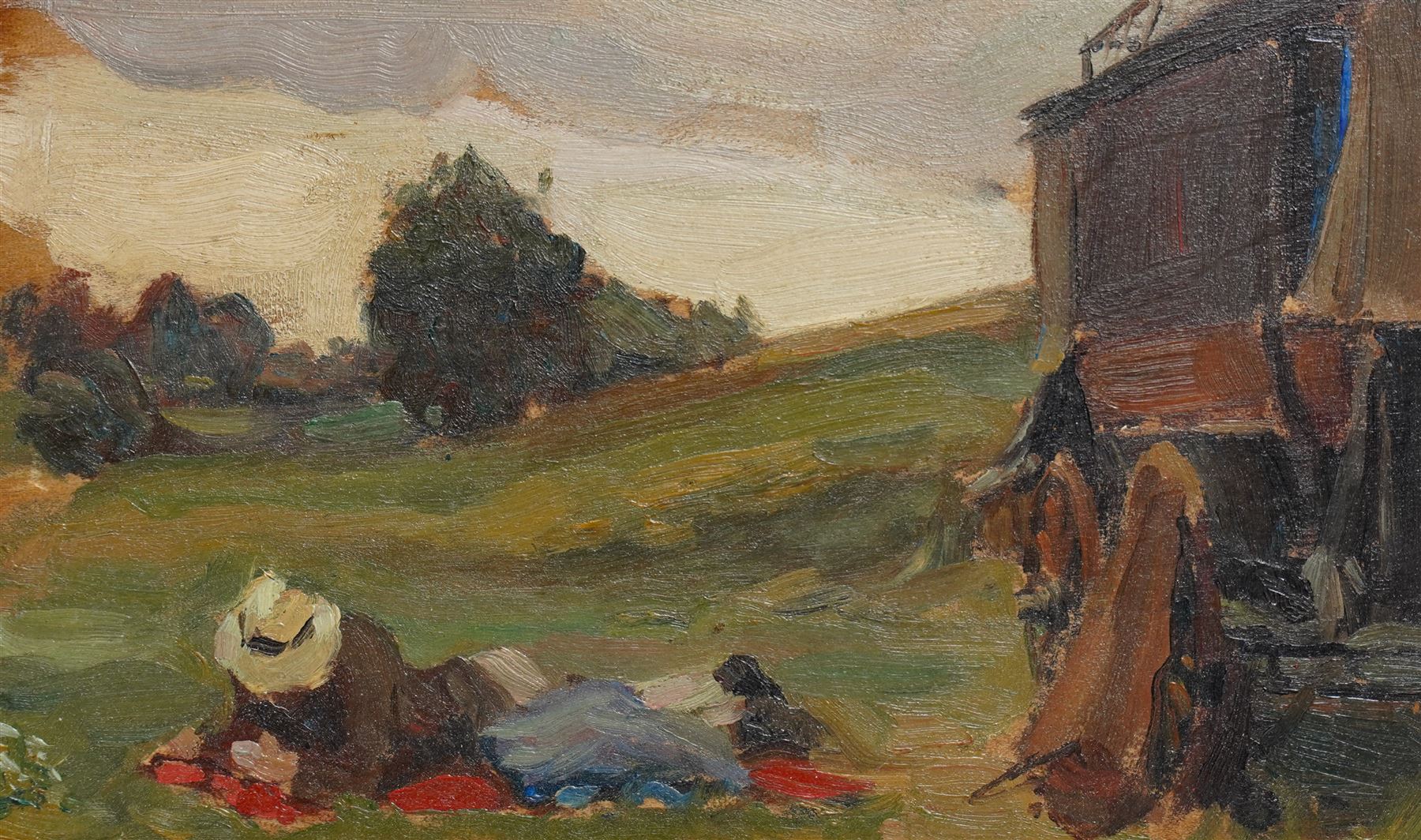 Edward Seago (British 1910-1974): 'Gypsy Caravan', oil on panel unsigned, titled on gallery label verso 12cm x 19.5cm 
Provenance: exh. Spink-Leger Pictures, Old Bond Street, London, label verso