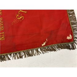 French State Police banner as the tricolor flag embroidered with coloured and metallic thread 'Societe De Secours Mutuels Un Pour Tous Tous Pour Un De La Police D'Eteat De Marseille' to one side; plain flag verso; tassels to three sides 100 x 113cm
