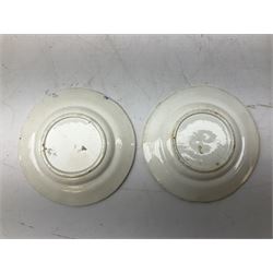 Mid 18th century Chelsea plate with gold anchor mark beneath, decorated with green floral sprays upon plain ground, the moulded cavetto shaped border with gilt rim, (A/F), D22cm, together with early 20th century Adams Tunstall Tokio pearlware slop bowl, Spode plate decorated in the Imari type pallette, with impressed and printed marks beneath, 19th century Indian Tree pattern breakfast cup and saucer, small polychrome enamelled vase and cover in the style of Samson of Paris, with marks beneath, and a pastille burner