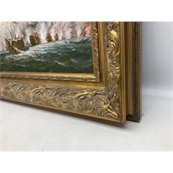 After Jacob ******* (20th century): naval sea battle between British and French men-o-war, textured colour print on canvas 29 x 39cm, heavy ornate gilt frame