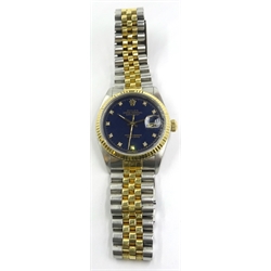  Rolex Oyster Perpetual Datejust wristwatch, blue vignette diamond dial on 18ct gold and stainless steel Jubilee bracelet, model 16013 no 9393595   