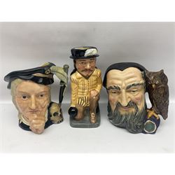 Eight Royal Doulton character jugs, including St George D6618, Guardsman D6568, The Juggler D6835 etc, together with Royal Doulton toby jug Sir Francis Drake D6660