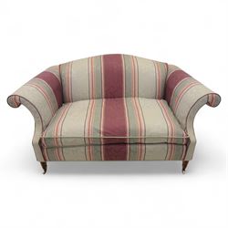 Traditional design two seater sofa, upholstered in striped blue and purple fabric