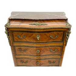 Mid-20th century Louis XVI design Kingwood and walnut secretaire à Abattant, shaped serpentine form with dark rouge variegated marble top, the fall front disguised as three drawers enclosing birdseye maple interior with shelf, drawers and writing surface, four functioning drawers below, decorated with cast gilt metal mouldings and mask cartouches, on skirted base with egg and dart moulded gilt metal edge