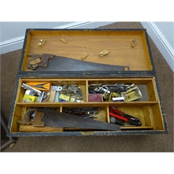  Two large wooden tool chests containing a quantity of hand tools, locks etc  