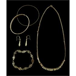 Collection of 9ct gold jewellery including cross link bracelet, necklace, two bangles and a pair of pendant earrings, all hallmarked or tested 