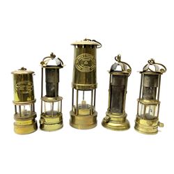 A collection of five mining lamps, to include examples by F Thomas & William Ltd, H25.5cm, Ferndale Coal, 18cm, and Daidler Durham, H21cm, plus two unmarked examples.