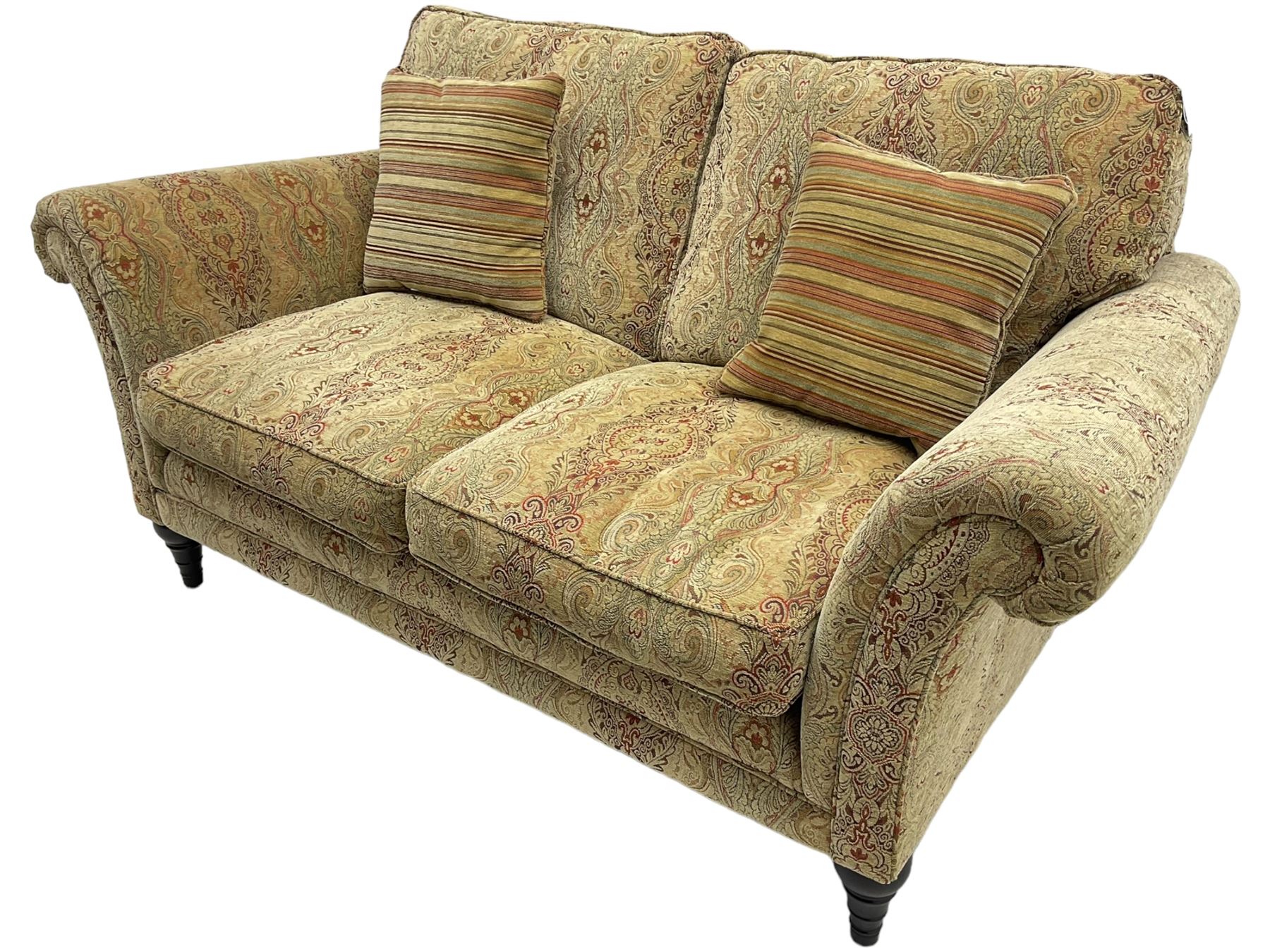 Parker Knoll - 'Burghley' two-seat sofa, upholstered in 'Baslow Medallion' gold floral pattern fabric