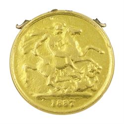 Queen Victoria 1887 gold double sovereign coin, previously mounted