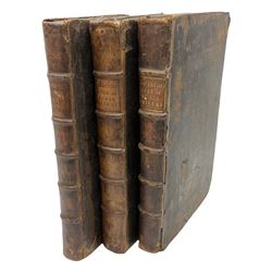 Mackenzie George: The Lives and Characters Of the most Eminent Writers of the Scots Nation; with An Abstract and Catalogue of Their Works; Their Various Editions; and The Judgement of the Learn'd concerning Them, James Watson Edinburgh, three volumes, 1708/1711/1722. Folio. Full leather binding with original boards and later spines
