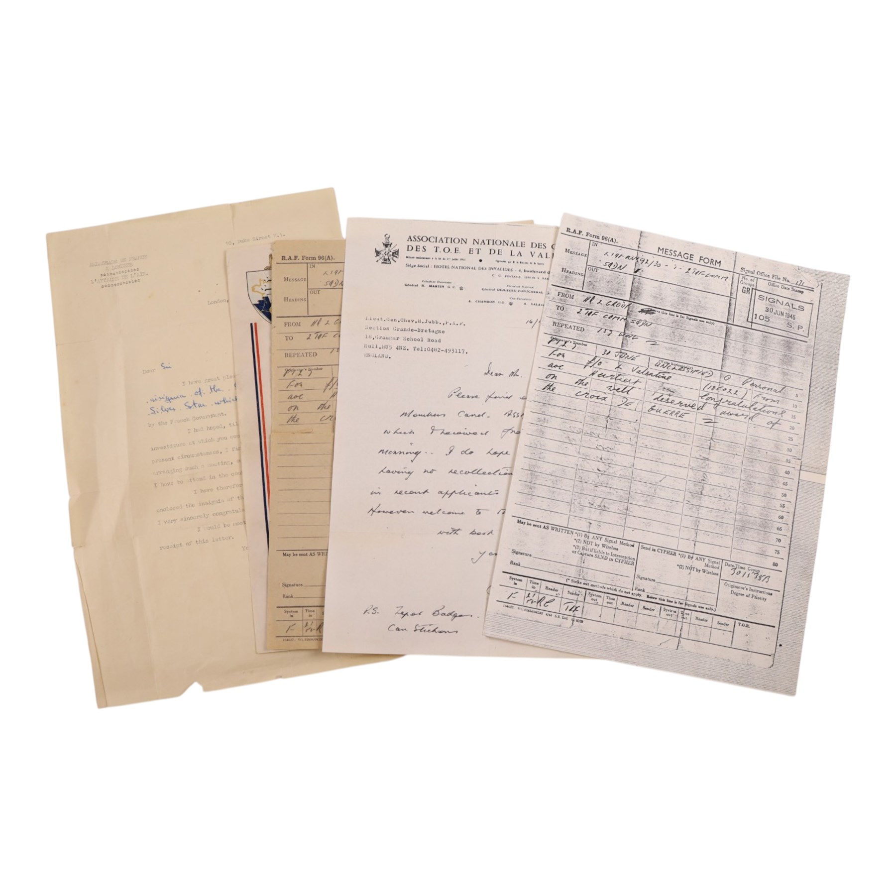 Royal Air Force WWII Distinguished Flying Cross (DFC) medal group with associated documentation, logbooks, ephemera, and personal papers awarded to RAF Flying Officer Leslie Valentine DFC CdeG, pilot of Doulgas Boston E Easy on D Day 1944. The medal group comprises DFC, 1939-1946 Star, The Air Crew Europe Star, France and Germany Star, War Medal, Defence Medal, and Croix de Guerre with siilver star to the ribbon, upon a medal bar. Together with a cased Defence medal, awarded to Valentine by David Cameron at Downing Street November 2012, for his services in the Highland Light Infantry prior to joining the RAF. Together with two logbooks, one including the entry for June 6th ‘Ops “D” Day smoke laying to cover invading troops off Le Havre’, Booklet of provisional pilots notes for Boston IV, associated paperwork for Croix De Guerre, photographs of Flying Officer Leslie Valentine and print by Michael Turner (1934-), Friendly Smoke D-Day 6th June 1944 print, this print is of the R.A.F Douglas Boston that Leslie Valentine was flying on D Day. The print is signed by Leslie Valentine and Flight Lt. John Mackenzie, together with a personal note from the artist.  

In 1939 Leslie Valentine was called up for military service, he joined the Highland Light infantry and spent ten months in France. Upon returning to England, he volunteered to join the RAF. In 1941 he was sent to Medicine Hat in Alberta, Canada, for his training, returning to Britain, for operations training at RAF Bicester, then RAF Finmere, learning to fly Blenheim and Boston bombers. Valentine was posted to squadron no.88 2nd Tactical Air Force, Bomber Command. This squadrons operation were mainly conducted in daylight, in close formation. On D Day 6th June Valentine flew his Boston ‘E-Easy down to 50 feet above the D-Day beaches laying smoke to protect the invasion forces from enemy fire. In total RAF Flying Officer Leslie Valentine DFC CdeG flew sixty back-to-back missions during WWII
