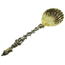 Victorian silver gilt spoon with shell bowl, twisted stem and apostle terminal, hallmarked London 1880, makers mark S.S, L22cm, approximate weight 3.63 ozt (113 grams)