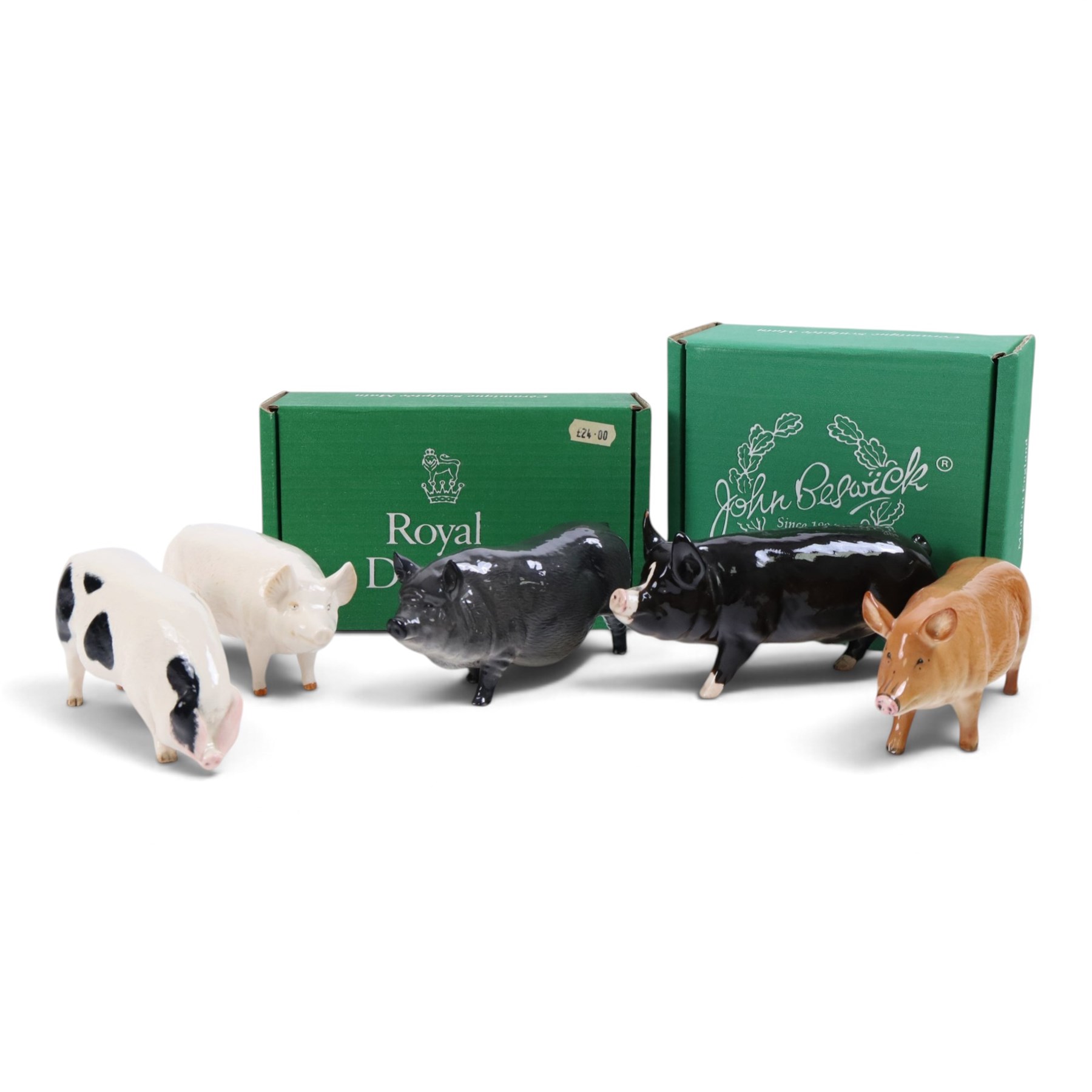 Two Beswick and three Royal Doulton pigs, including Ch Wall Champion pig, Vietnamese Pot Bellied pig, Gloucester Old Spot etc  