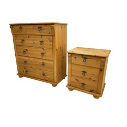 Pine chest, fitted with five drawers flanked by fluted uprights, on compressed bun feet (80cm x 36cm x 86cm); with matching pine bedside chest fitted with three drawers (46cm x 36cm x 54cm)