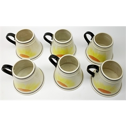 A Carlton Ware Art Deco style coffee set, decorated in the 'Manhatton Sunset' pattern, comprising coffee pot, milk jug, open sucrier, and six coffee cans, all of tapering form, coffee pot H26.5cm. 