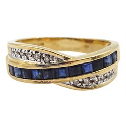 14ct gold princess cut sapphire and round brilliant cut diamond crossover ring, London import mark