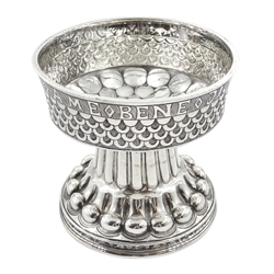 Silver Tudor Style pedestal bowl embossed, hammered and scaled decoration with inscription ‘Benedictus Deus Im Dona Suis Ame’ (Blessed be God for his gifts. Amen) by S Blanckensee & Son Ltd Birmingham 1922, approx 10.5oz, H11cm