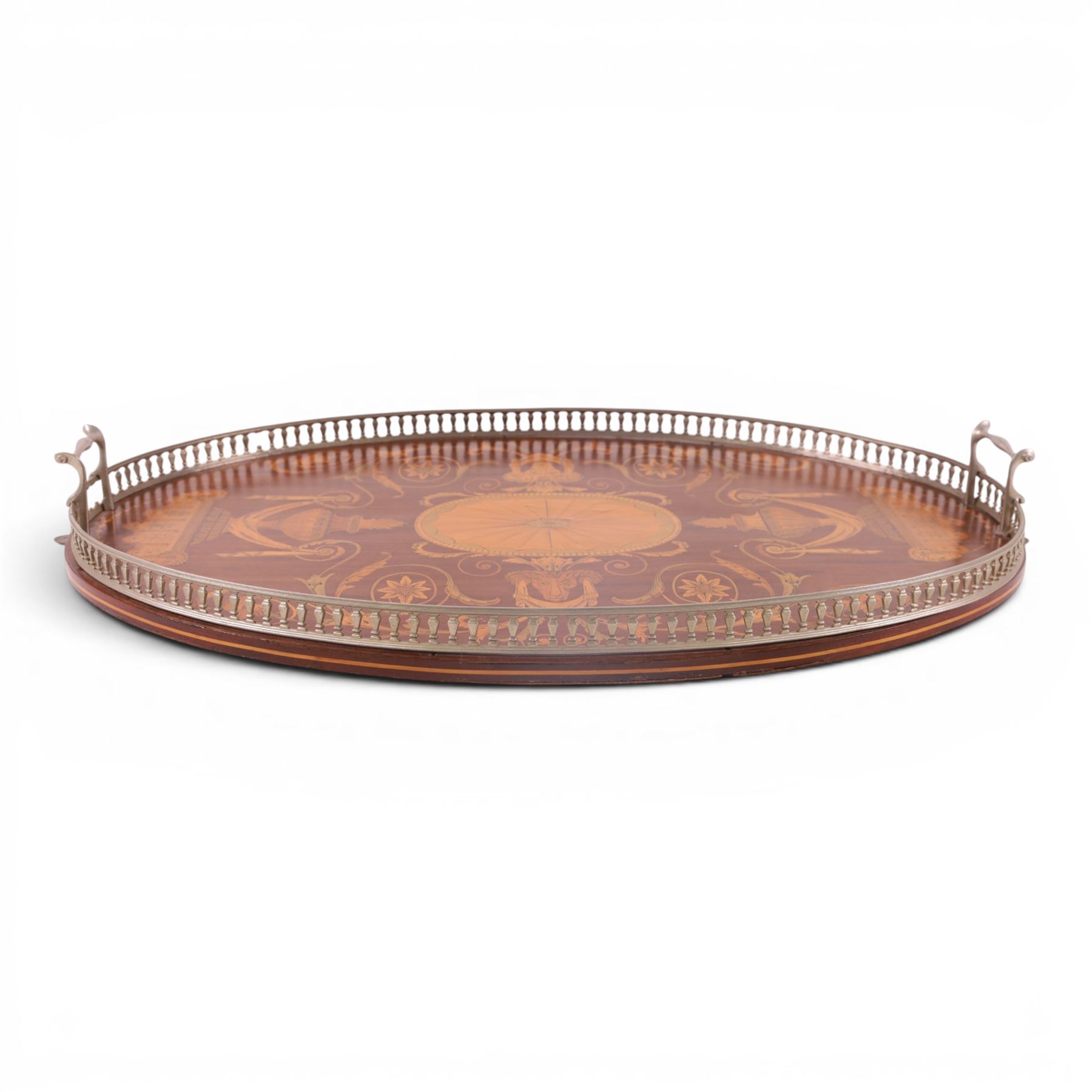 19th century inlaid mahogany tray, decorated with rams heads and floral sprigs, with priced metal boarder, L68cm 