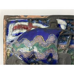 Henry George Murphy (1884-1939), large Arts & Crafts enamel panel, of square form decorated with a stylised ship, upon a green and blue ground, H7cm W7cm  