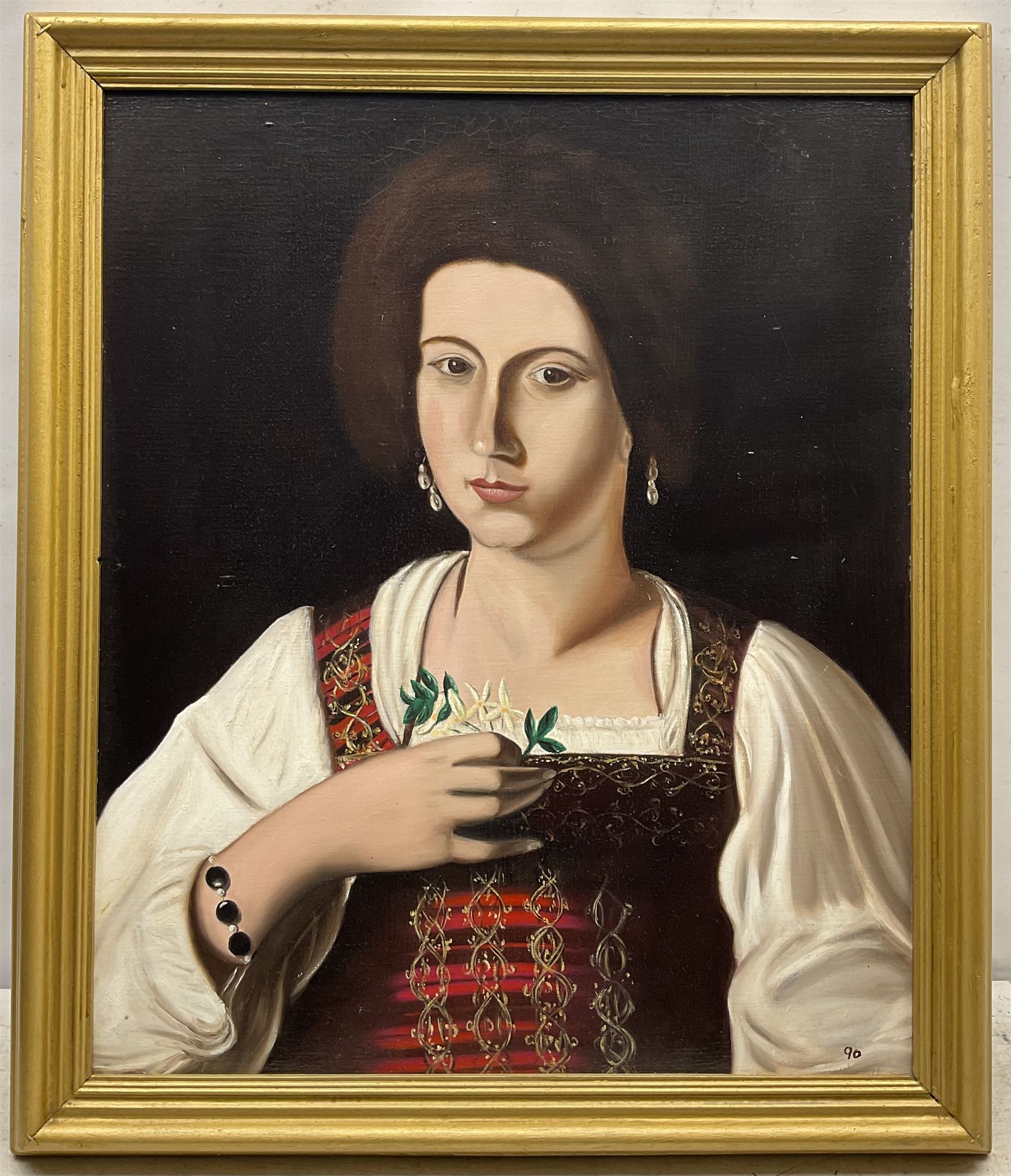 Donald Watson (Northern British 1922-) after Caravaggio (Italian 1571-1610): 'Portrait of a Courtesan', oil on board signed and dated 1990 verso 59cm x 49cm 
Notes: the original was destroyed in Berlin in 1945