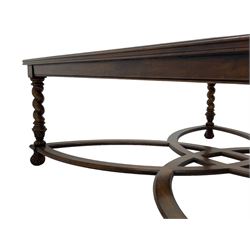 Jonathan Charles - large mahogany coffee table, the square oyster veneered top with verre églomisé inset, the glass hand-painted with gilt scrolling foliate patterns, raised on spiral turned supports with acanthus and gadroon carvings, united by interlocking demi-lune stretchers, on scrolled acanthus feet