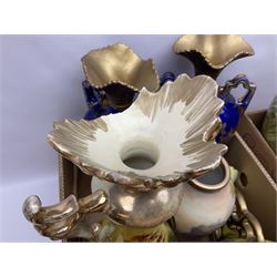 Continental hand painted vase, together with eight large Victorian vases, including some St Louis Artware examples and a pair painted with swans, tallest H50cm