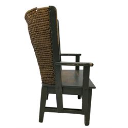 Late 19th to early 20th century Orkney chair, green painted pine frame and seat with curved rush back, square tapering supports joined by plain stretchers