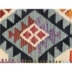 Afghan Maimana Kilim flatweave runner, handwoven with a deep teal ground showcasing a vibrant multicoloured diamond-lattice design in the traditional Maimana style, enclosed by stylised borders and finished with fringed edges 