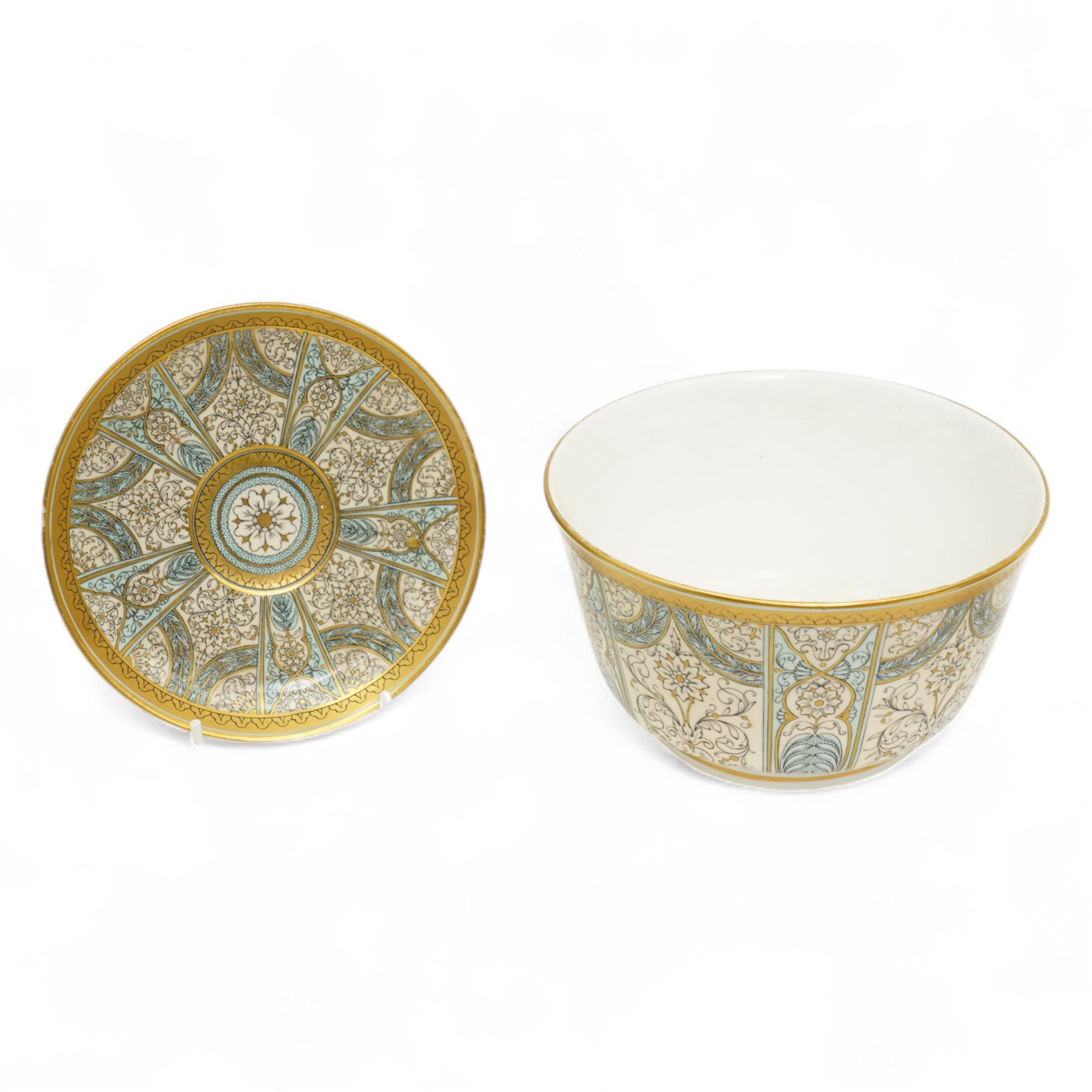 Late Victorian Royal Worcester trio of cup, saucer and plate decorated in dark blue and gilt, retailed by Henry Greene & Sons, London Bridge, two other Worcester trios and three other Worcester items