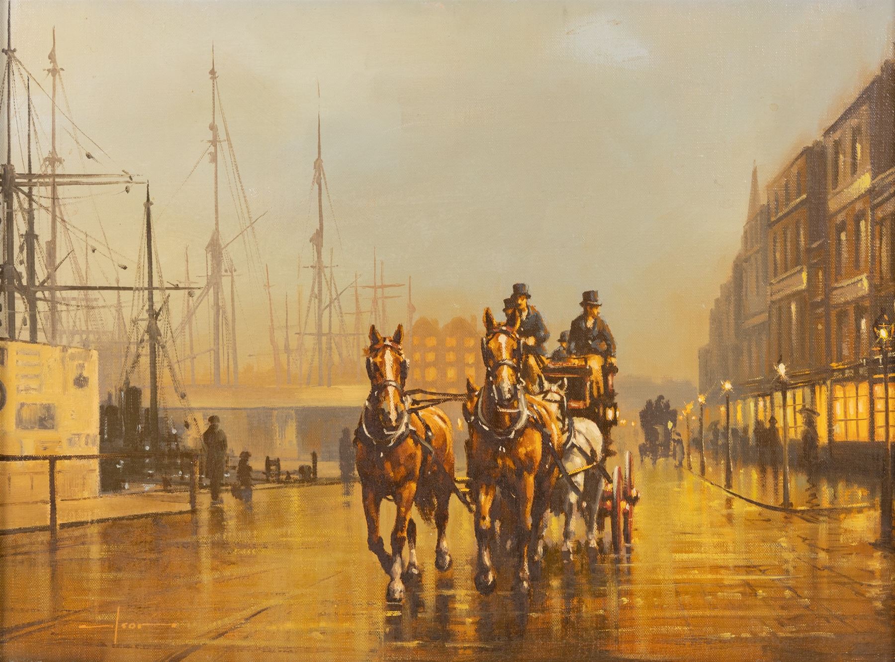 Gerald Isom (British 1945-): Horse and Carriage on the Dockside at Eventide, oil on canvas signed 30cm x 40cm
Provenance: purchased David Duggleby Ltd 16th September 2022, Lot 142
