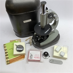 20th century Russian biological simplified monocular microscope, black and grey metal with rack and pinion focusing, in metal case with two additional lenses, instructions dated 1978 etc H34cm