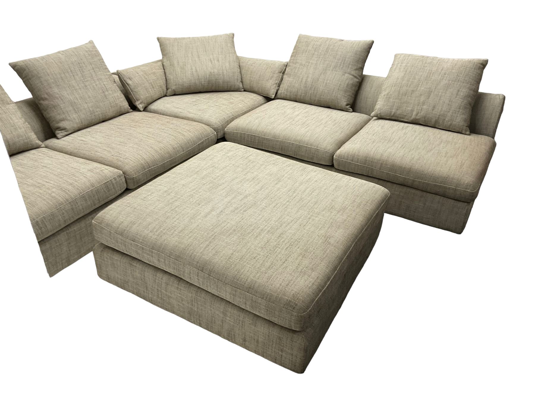 Contemporary corner sofa upholstered in grey fabric (310cm x 282cm); with matching rectangular footstool (110cm x 110cm)